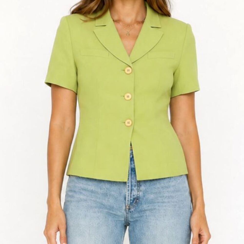 Vintage Le Suit Lime Green Short Sleeve Blazer Size Medium Petite